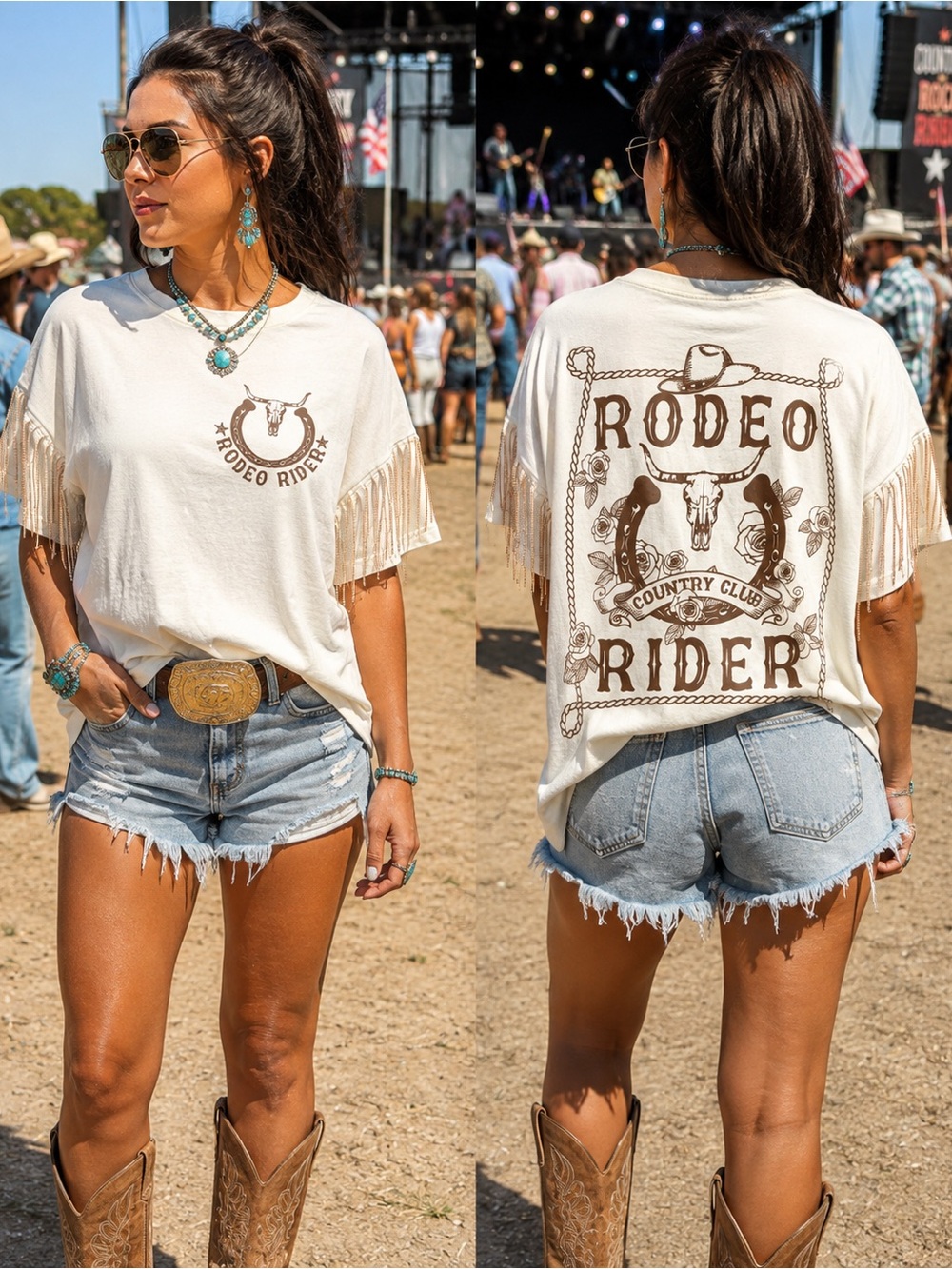 Gold Fringe 🔥 Ruby & Lace Tee Cowgirl Ranchwear Graphic Top festival concert
